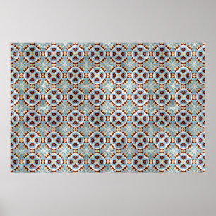 Poster Elegant Blue Brown Mosaic Kaleidoscope Pattern