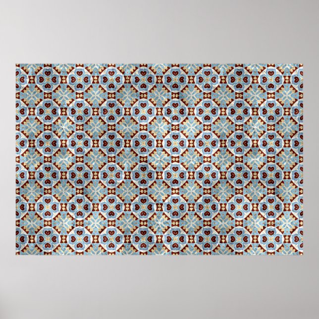 Poster Elegant Blue Brown Mosaic Kaleidoscope Pattern (Frente)