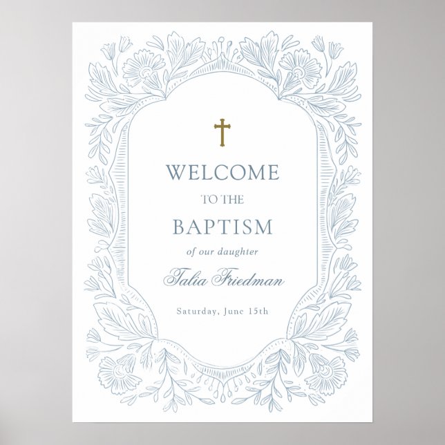 Poster Elegant Blue Floral Baptism Welcome (Frente)