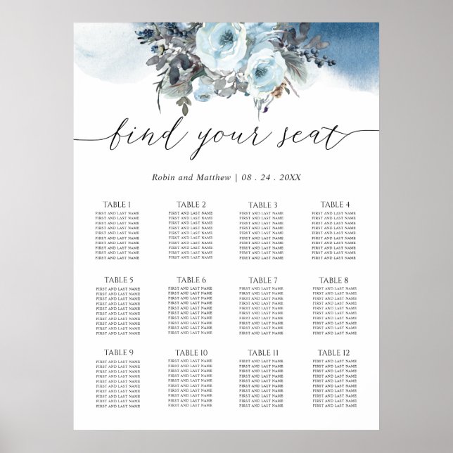 Poster Elegant Blue Floral Wedding Seating Chart Sign (Frente)