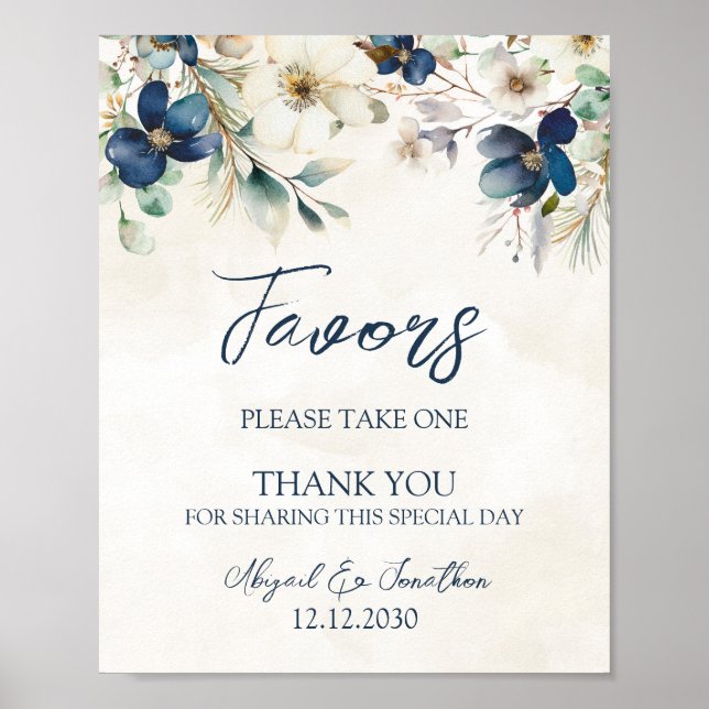 Poster Elegant Blue Floral Winter Wedding Favors Sign (Frente)