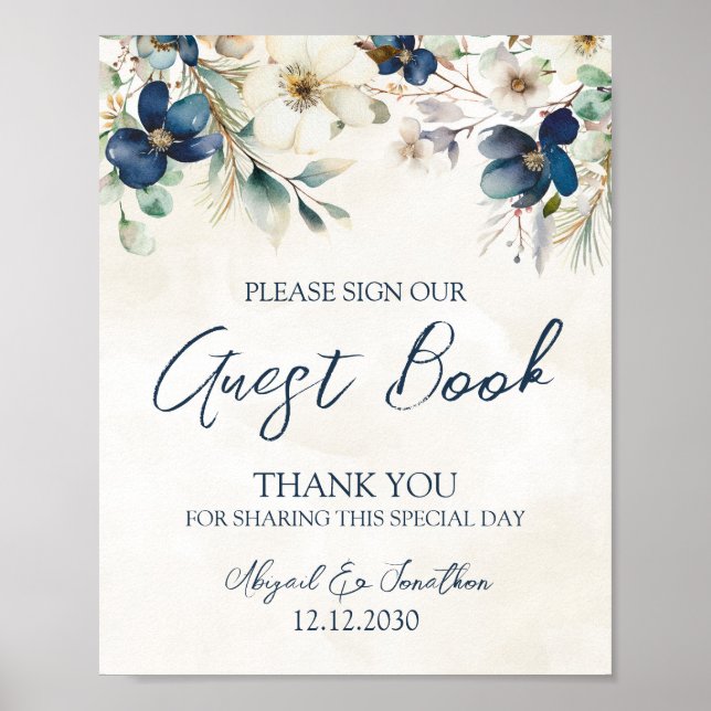 Poster Elegant Blue Floral Winter Wedding Guest Book Sign (Frente)