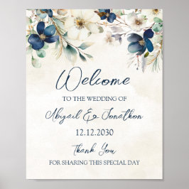 Poster Elegant Blue Floral Winter Wedding Welcome
