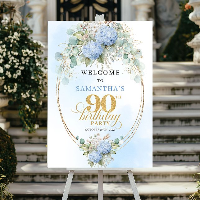 Poster Elegant Blue Flowers Gold 90th birthday welcome (Elegant Blue Flowers Gold 90th birthday welcome)
