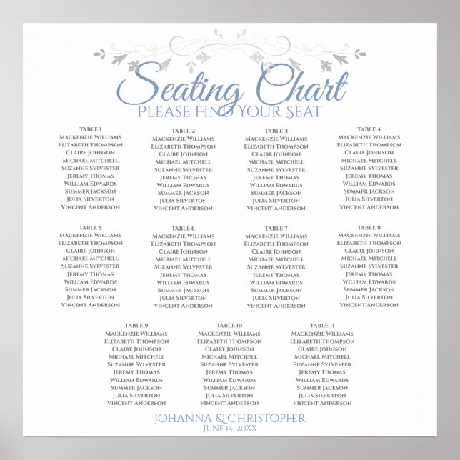 Poster Elegant Blue & Gray 11 Table Wedding Seating Chart (Frente)