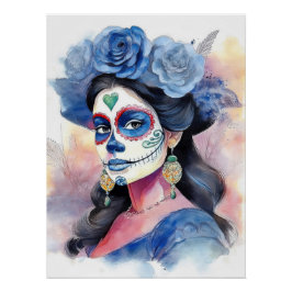 Pôster Elegant Blue Roses Watercolor Day of the Dead
