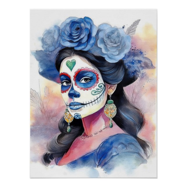Pôster Elegant Blue Roses Watercolor Day of the Dead (Frente)