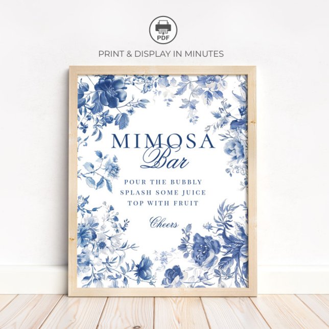 Poster Elegant Blue Toile Chinoiserie Mimosa Bar Sign (Criador carregado)