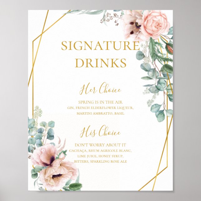 Poster Elegant Blush Floral | Sinal de Drinks Símbolos (Frente)