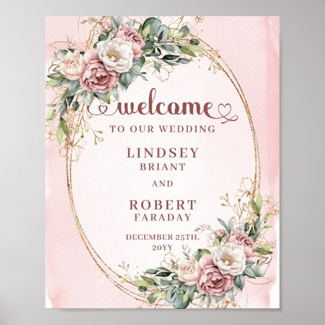 Poster Elegant Blush Pink Floral Eucalyptus Gold Welcome  (Frente)