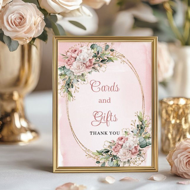 Poster Elegant Blush Pink Floral Gold Glitter Cards Gifts (Rose gold girl baby shower ,
personalized  editable 8x10 sign,
delicate aerial budget tabletop sign,)
