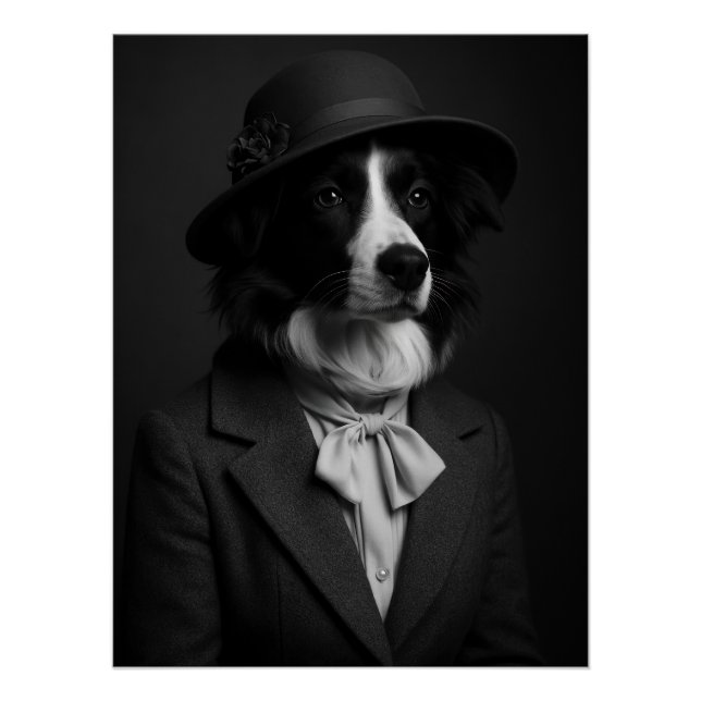 Pôster Elegant Border Collie in Cloche Hat & Bow (Frente)