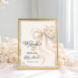Poster Elegant Bow Floral Girl Baby Shower Welcome