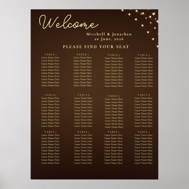 Poster Elegant Brown & Gold Light Wedding Seating Chart (Frente)