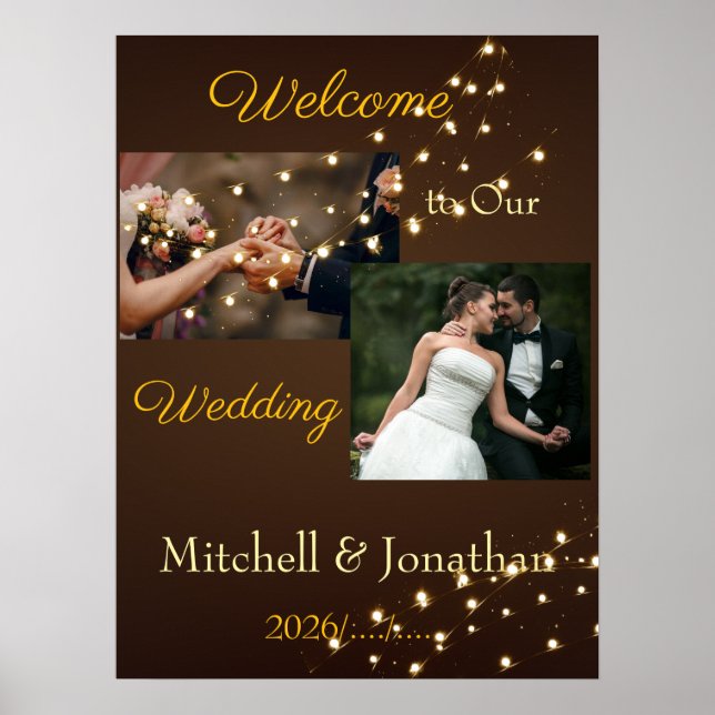 Poster Elegant Brown & Gold String Lights Wedding  (Frente)