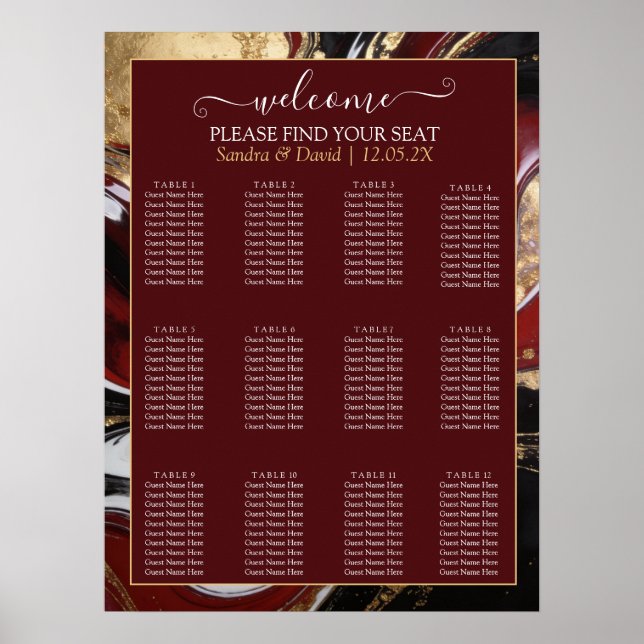 Poster Elegant Burgundy and Gold Marble Wedding (Frente)