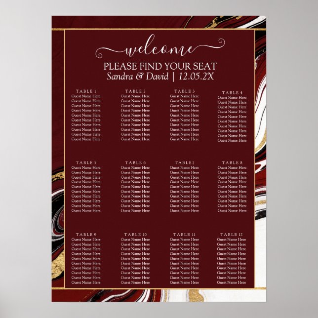 Poster Elegant Burgundy and Gold Marble Wedding (Frente)