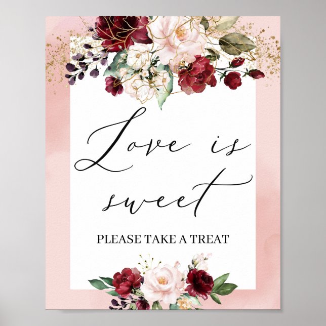 Poster Elegant burgundy floral gold blush love is sweet (Frente)