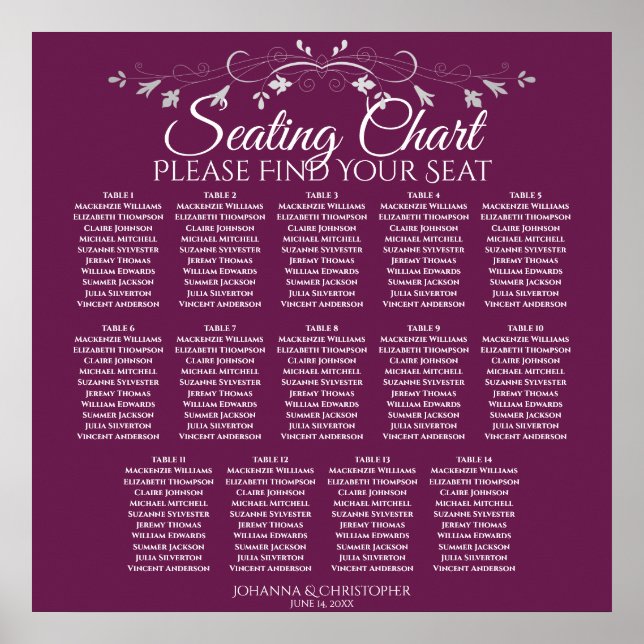 Poster Elegant Cassis 14 Table Wedding Seating Chart (Frente)