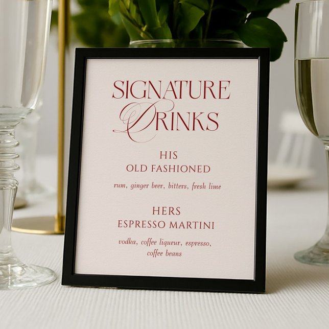 Poster Elegant Cream & Burgundy Wedding Signature Drinks (Criador carregado)