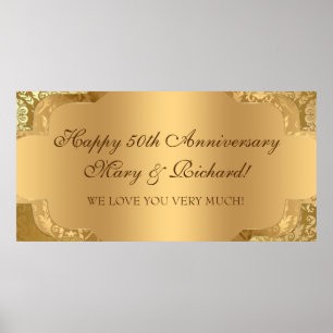 Poster Elegant Damask Floral Swirl Gold Banner