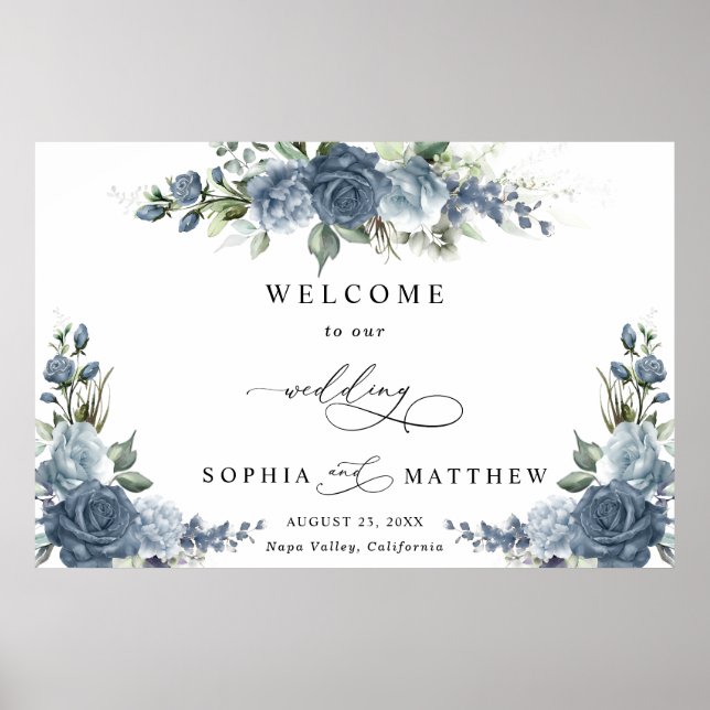 Poster Elegant Dusty Blue Floral Horizontal Wedding (Frente)