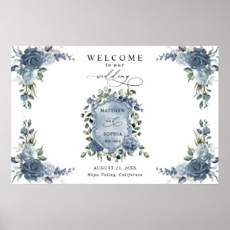 Poster Elegant Dusty Blue Floral Wedding Crest