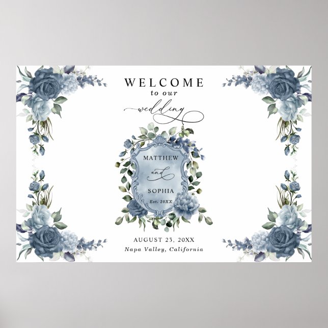 Poster Elegant Dusty Blue Floral Wedding Crest (Frente)
