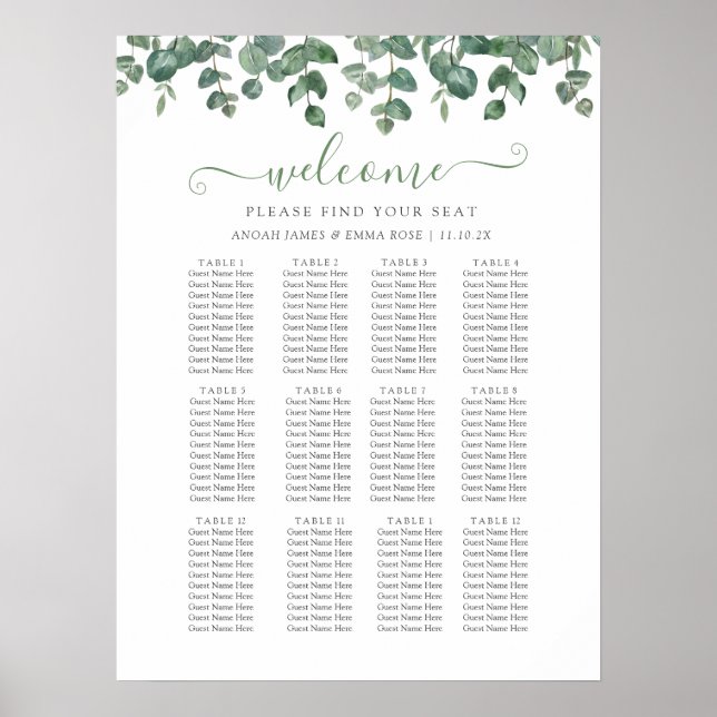 Poster Elegant Eucalyptus Greenery Wedding Seating Chart (Frente)