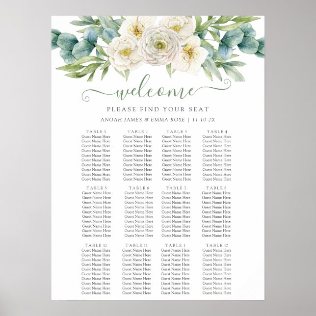Poster Elegant Eucalyptus Greenery Wedding Seating Chart (Frente)