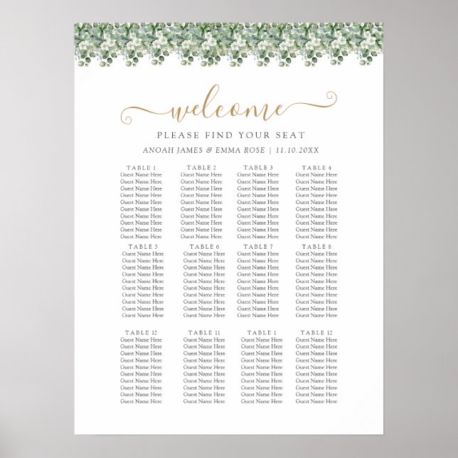 Poster Elegant Eucalyptus Greenery Wedding Seating Chart (Frente)