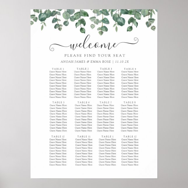 Poster Elegant Eucalyptus Greenery Wedding Seating Chart (Frente)
