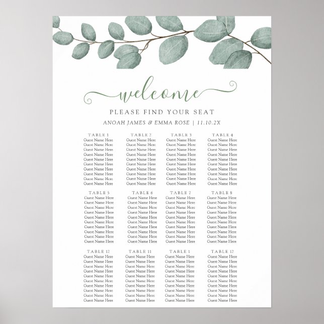Poster Elegant Eucalyptus Greenery Wedding Seating Chart (Frente)