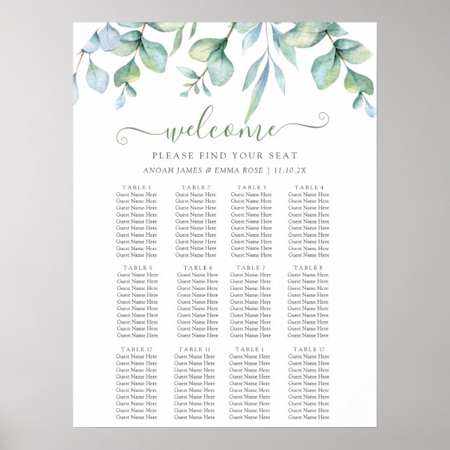 Poster Elegant Eucalyptus Greenery Wedding Seating Chart (Frente)