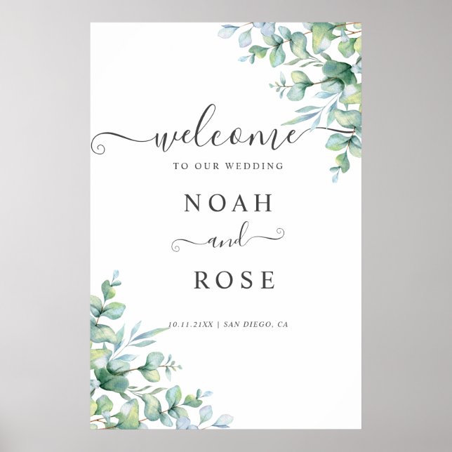 Poster Elegant  Eucalyptus Greenery Wedding Welcome Sign (Frente)