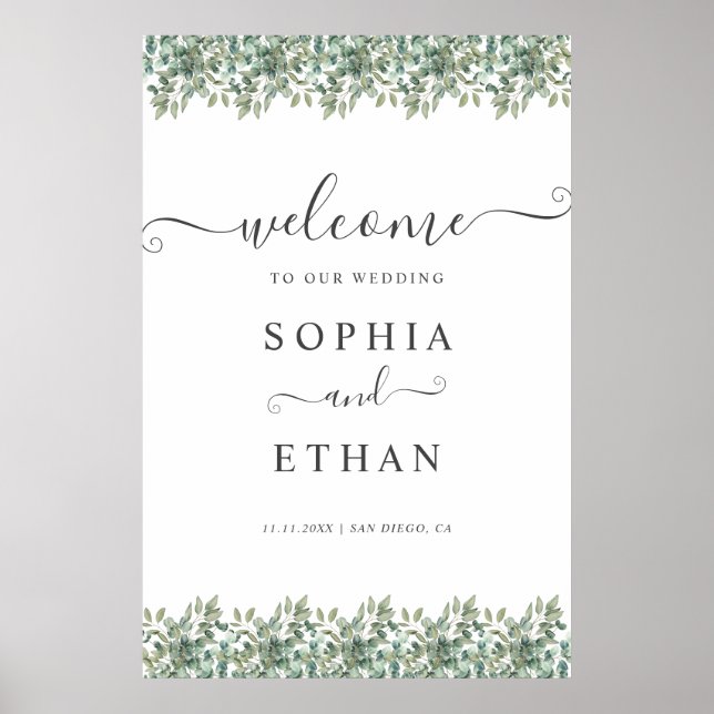 Poster Elegant  Eucalyptus Greenery Wedding Welcome sign (Frente)