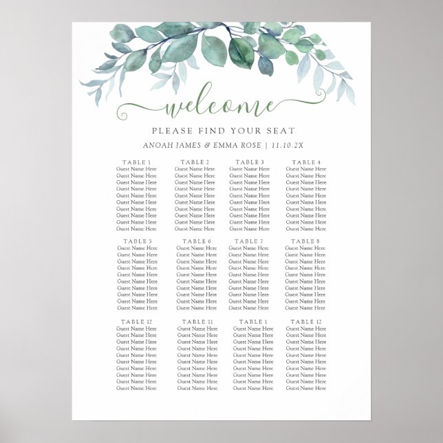 Poster Elegant Eucalyptus Wedding Seating Chart (Frente)