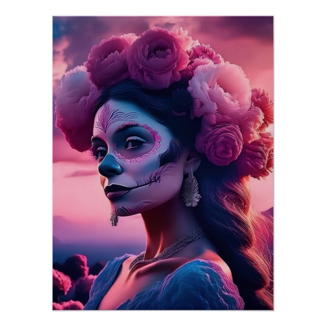 Pôster Elegant Fuchsia Roses Day of the Dead Catrina (Frente)