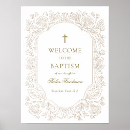 Poster Elegant Gold Floral Baptism Welcome