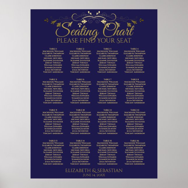 Poster Elegant Gold & Navy 16 Table Wedding Seating Chart (Frente)