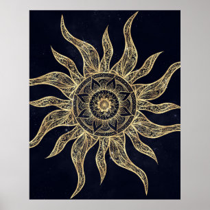 Poster Elegant Gold Sun Mandala Blue Nebula Design
