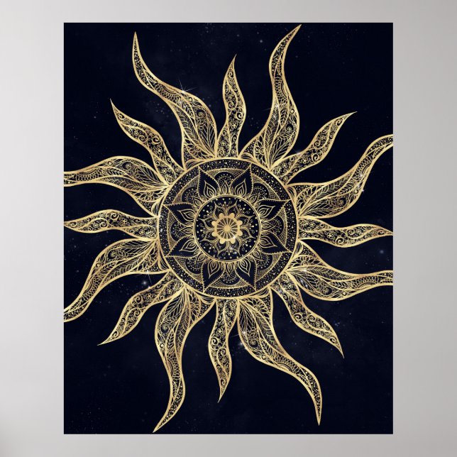 Poster Elegant Gold Sun Mandala Blue Nebula Design (Frente)