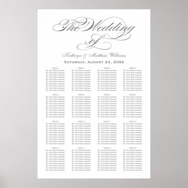 Poster Elegant Gray Calligraphy Wedding Seating Chart (Frente)