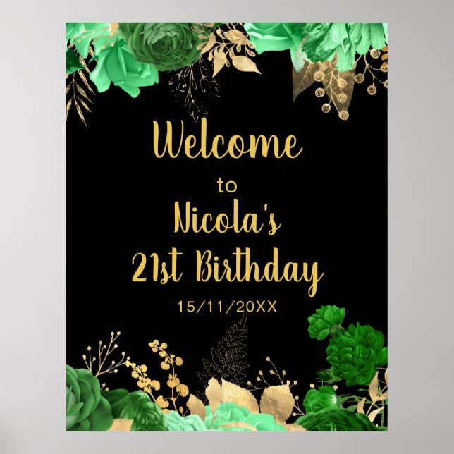 Poster Elegant Green and Gold Flowers Birthday Party (Frente)
