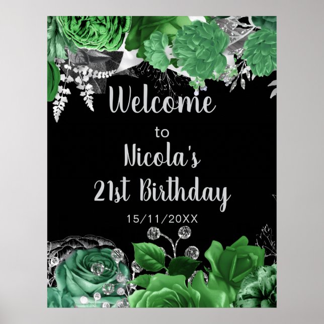Poster Elegant Green and Silver Flowers Birthday Party  (Frente)