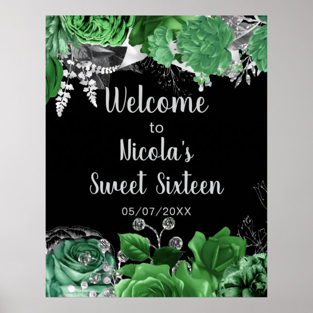 Poster Elegant Green and Silver Flowers Sweet Sixteen  (Frente)