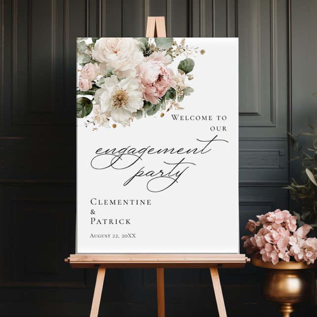 Poster Elegant greenery floral Engagement Party welcome (Criador carregado)