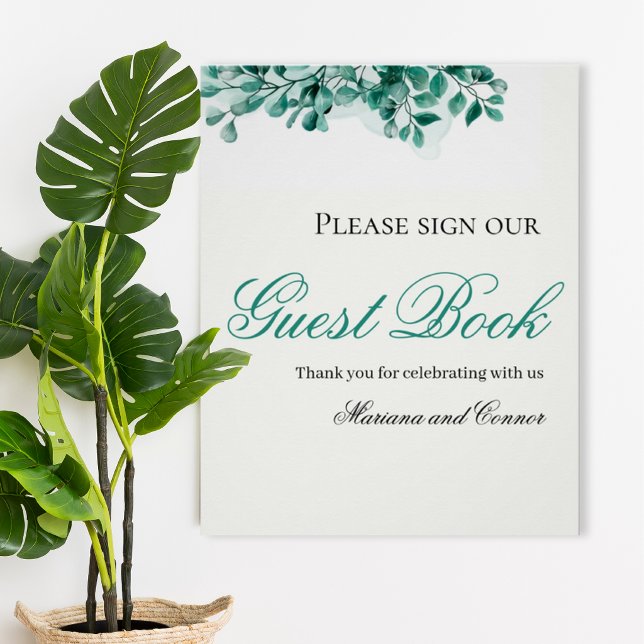 Pôster Elegant Greenery Wedding Guest Book Sign (Criador carregado)