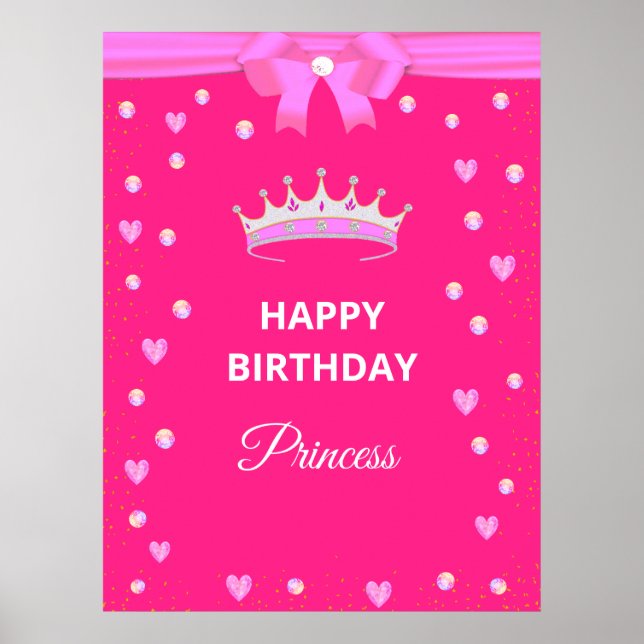 Poster Elegant Happy Birthday Princess  & Gems on Fuchsia (Frente)