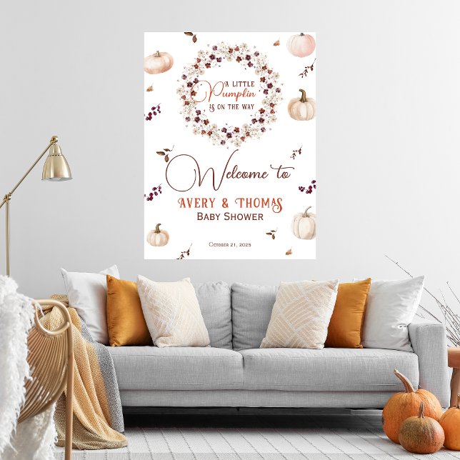 Poster Elegant Ivory Pumpkin Fall Baby Shower Welcome (Criador carregado)